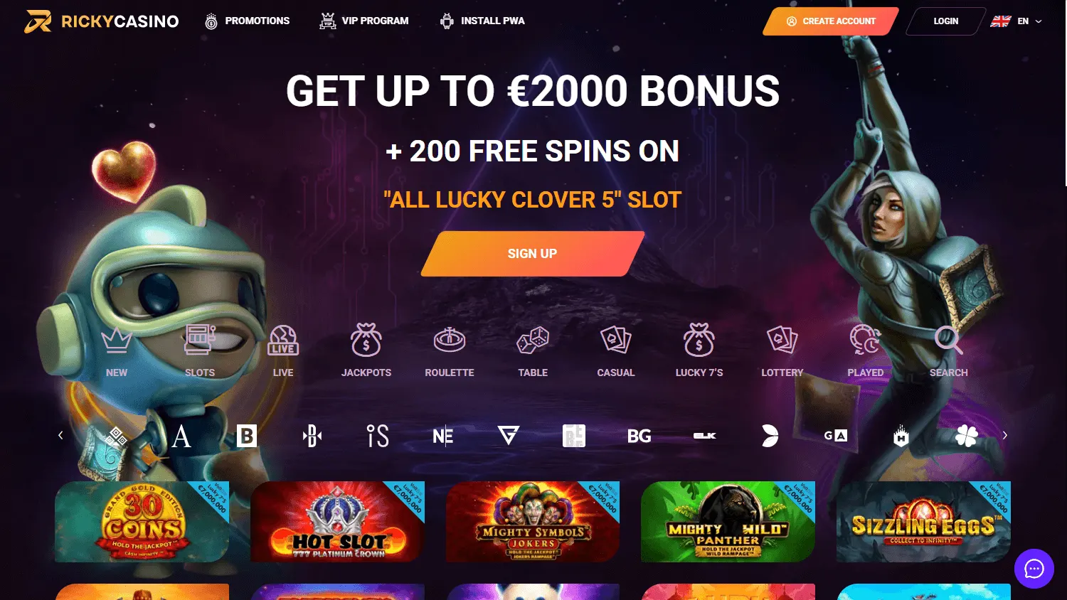 Rickycasino home casino interface on a desktop screen