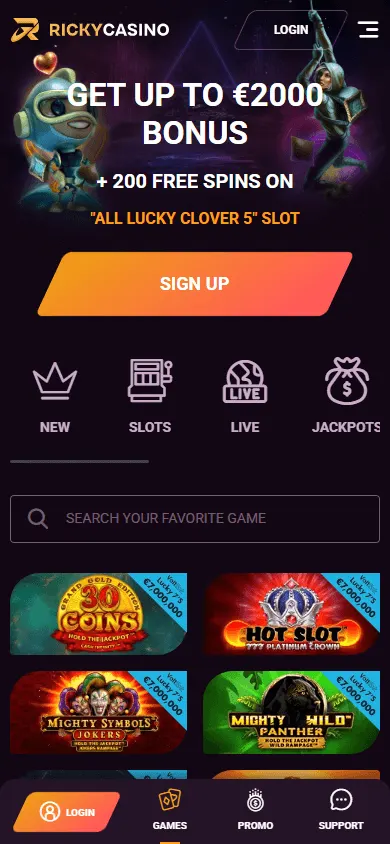 Rickycasino browser casino interface on a mobile phone